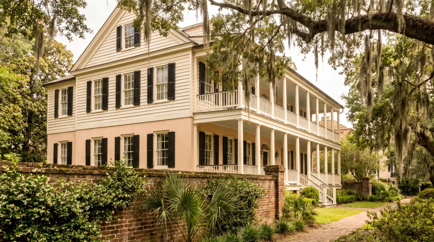 A double-galleried Charleston home behind its garden wall