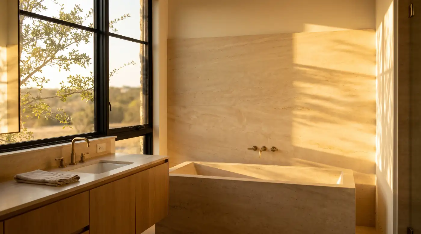 A primary bathroom in honed limestone with a freestanding stone tub, a white oak vanity and late light across the wall