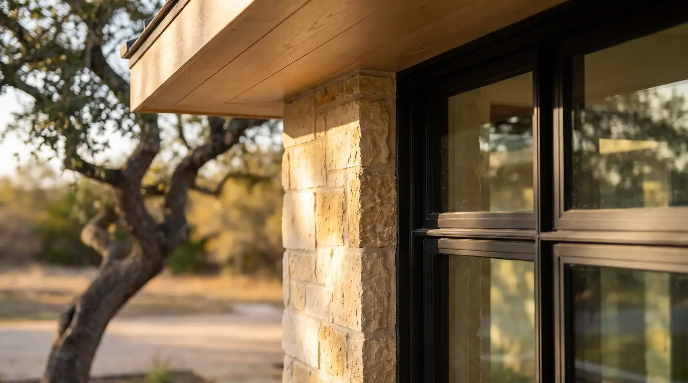 A close study of the junction where a limestone wall meets a blackened steel window jamb under a white oak soffit