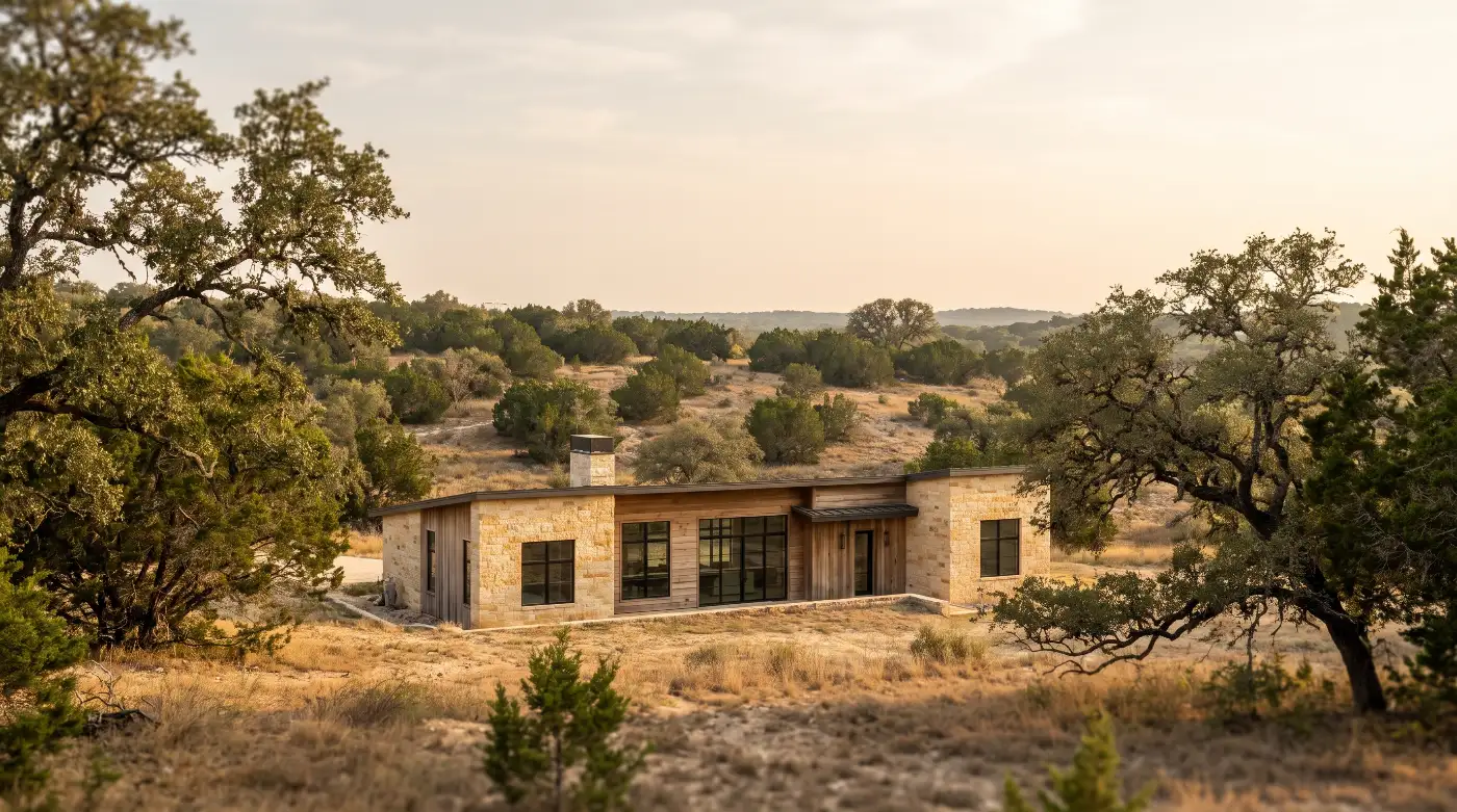 The Texas hill country around the house: rolling cedar and oak, dry native grasses and a limestone outcrop in late afternoon haze